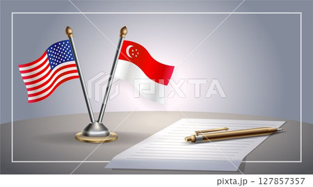Small national flag of United States (USA) and Singapore flag Relation, Template Vector Illustration 127857357