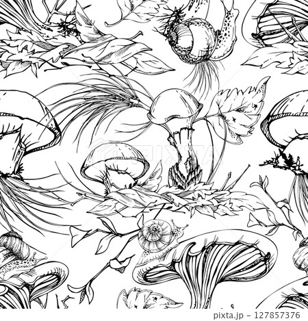 Russula webcap Suillus larch bolete slippery jack mushroom. Fungi natural seamless pattern hand drawn in vector ink. Crawling snail on cap, on top of fallen autumn leaves pile with twigs, pine needles 127857376