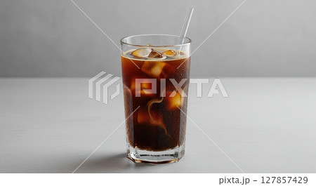 Refreshing glass of iced coffee with ice cubes and clear straw on a simple gray surface Refreshing glass of iced coffee with ice cubes and clear straw on a simple gray surface 127857429