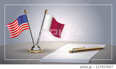 Small national flag of United States (USA) and Qatar flag Relation, Template Vector Illustration 127857607
