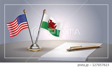 Small national flag of United States (USA) and Wales flag Relation, Template Vector Illustration 127857623