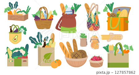 Vegetable icon set. Healthy food in box, paper bag with milk and bread, food network. Fresh supermarket and grocery products. Organic market, ECO store. Vector cartoon flat style isolated illustration Vegetable icon set. Healthy food in box, paper bag with milk and bread, food network. Fresh supermarket and grocery products. Organic market, ECO store. Vector cartoon flat style isolated illustration 127857862