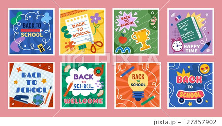 School icon. Book science. Banner education. Background study of kids. Classroom kid accessories. Childrens college card. Square poster design. Social media bright post. Vector doodle tidy concept 127857902