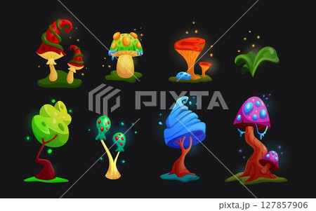 Fantasy tree set. Magic mushroom, alien flora. Game cartoon element, glowing psychedelic fungus world. Funny, bizarre forest background. Blue neon scary nature. Vector tidy isolated illustration Fantasy tree set. Magic mushroom, alien flora. Game cartoon element, glowing psychedelic fungus world. Funny, bizarre forest background. Blue neon scary nature. Vector tidy isolated illustration 127857906