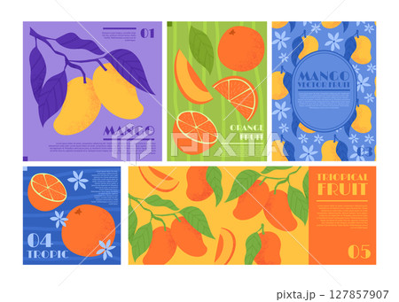 Fruit Italian. Seamless pattern with mango, oranges and peaches with leaves. Food fruitage posters, floral Mediterranean postcard design. Doodle geometric label. Vector summer garish isolated set Fruit Italian. Seamless pattern with mango, oranges and peaches with leaves. Food fruitage posters, floral Mediterranean postcard design. Doodle geometric label. Vector summer garish isolated set 127857907
