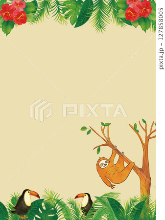 水彩風ナマケモノとトゥーカン 南国植物のフレーム 縦1 127858005