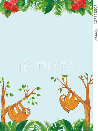 水彩風ナマケモノと南国植物のフレーム 縦1 127858007