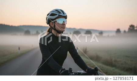 Determined woman cyclist pauses on foggy road, ready for an early morning workout 127858171