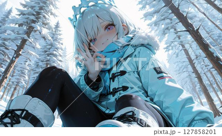 Winter Queen Anime Girl in Snowy Forest Landscape 127858201