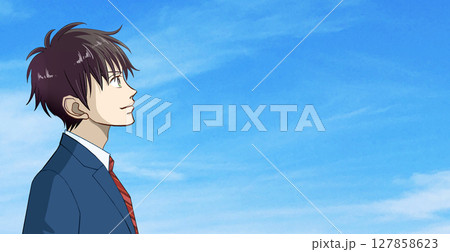 青空を見上げる制服の男子学生または社会人の横顔右向きアニメ風イラスト、右に余白 青空を見上げる制服の男子学生または社会人の横顔右向きアニメ風イラスト、右に余白 127858623