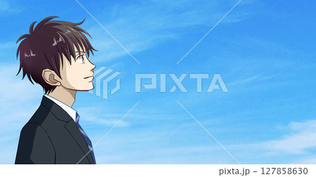 青空を見上げる制服の男子学生または社会人の横顔右向きアニメ風イラスト、右に余白 青空を見上げる制服の男子学生または社会人の横顔右向きアニメ風イラスト、右に余白 127858630