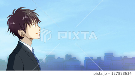 都会で青空を見上げる制服の男子学生または社会人の横顔右向きアニメ風イラスト、右に余白 都会で青空を見上げる制服の男子学生または社会人の横顔右向きアニメ風イラスト、右に余白 127858634