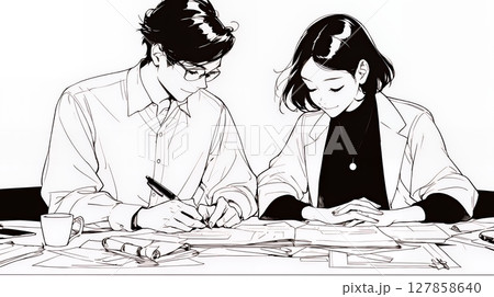 OJT：　上司から仕事の手順の説明を受けている女性社員（シンプルな色使い）