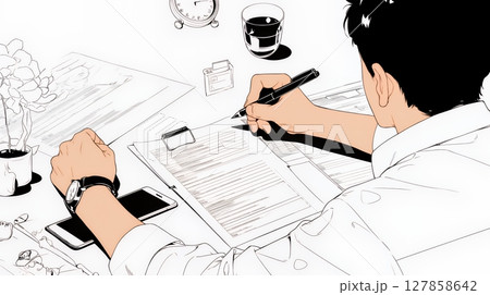 資料作成を行っている男性（シンプルな色使い）