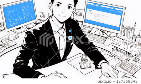 資料作成を行っている男性（シンプルな色使い）