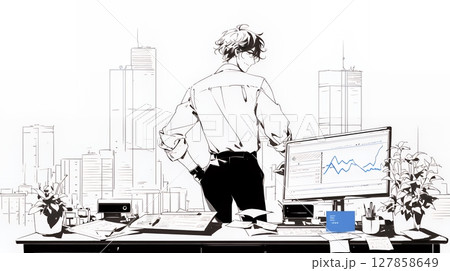 マーケティング・トレーディングデータなどの計量分析を行っている男性（シンプルな色使い）