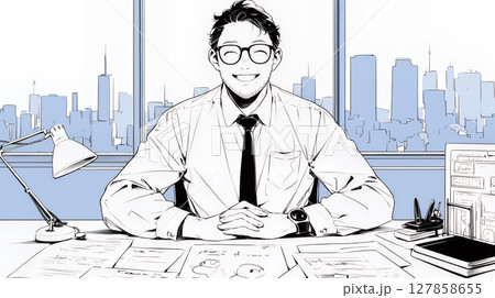 商談：笑顔で事業説明を話しているビジネスパーソン（シンプルな色使い）