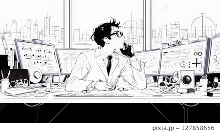 マーケティング・トレーディングデータなどの計量分析を行っている男性（シンプルな色使い）