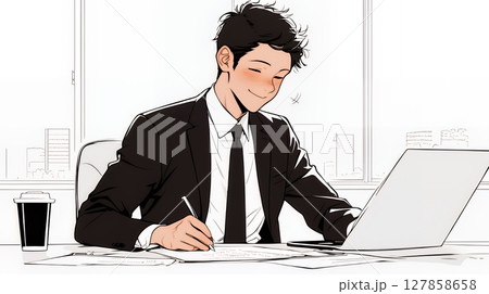 アイデアをまとめているビジネスパーソン（シンプルな色使い）