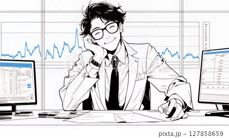 マーケティング・トレーディングデータなどの計量分析を行っている男性（シンプルな色使い）