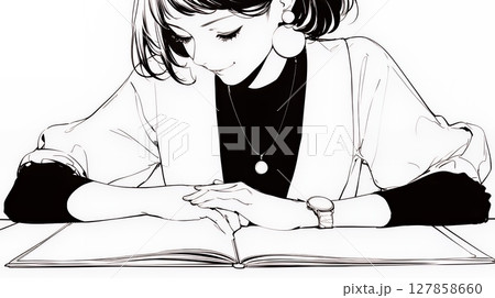 真剣な眼差しで書類に目を通しているビジネスパーソン（シンプルな色使い）
