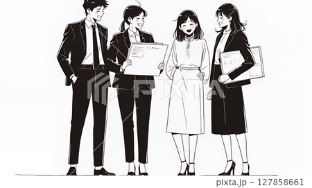 オフィスで立ったまま簡単な打合せをしているビジネスパーソン（シンプルな色使い）
