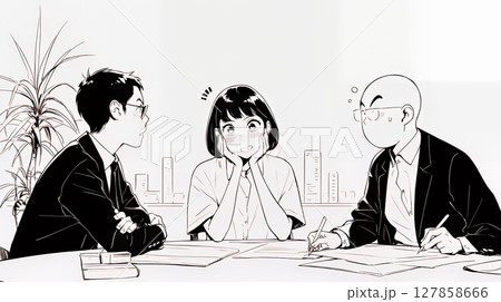 会議でトンチンカンな発言をして恥ずかしがっているビジネスパーソン（シンプルな色使い）