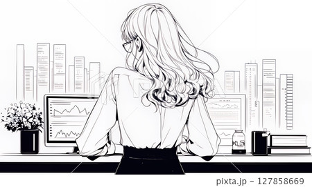 マーケティング・トレーディングデータなどの計量分析を行っている女性（シンプルな色使い）
