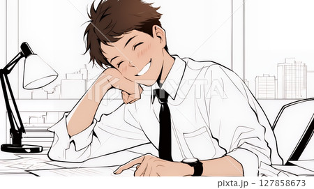 仕事に疲れて苦笑いをしているビジネスパーソン（シンプルな色使い）