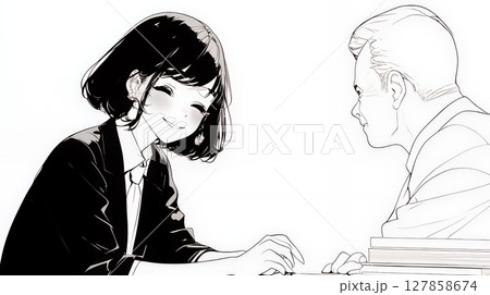 笑顔で顧客に面談説明をしているビジネスパーソン（シンプルな色使い）