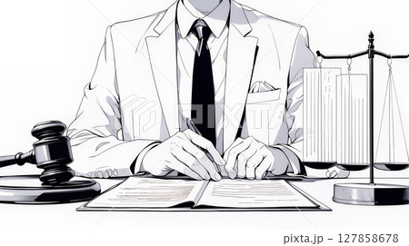 真剣な眼差しで書類に目を通しているビジネスパーソン（シンプルな色使い）（シンプルな色使い）