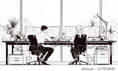 共同で企画書をまとめているビジネスパーソン（シンプルな色使い）