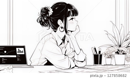 仕事に疲れた様子の女性（シンプルな色使い）