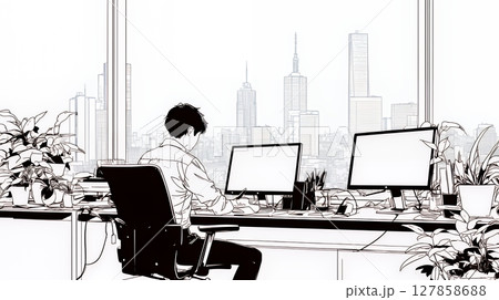 PCを使って資料を作成中の男性（シンプルな色使い）