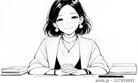 笑顔で面談対応中の女性マネージャー（シンプルな色使い）
