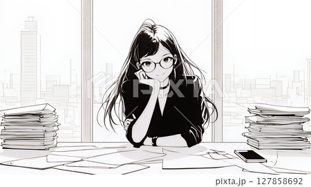 真剣な眼差しで企画を練っている女性（シンプルな色使い）