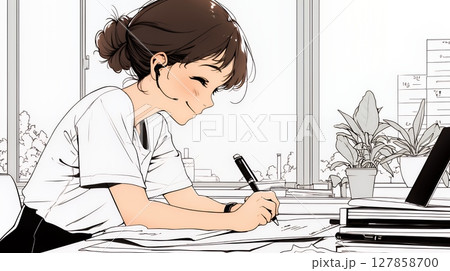 素晴らしいアイデアが浮かんでメモを走らせている女性（シンプルな色使い）