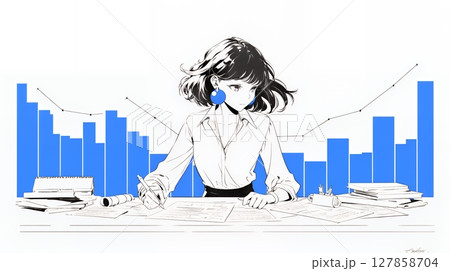 マーケティング・トレーディングデータなどの計量分析を行っている女性（シンプルな色使い）