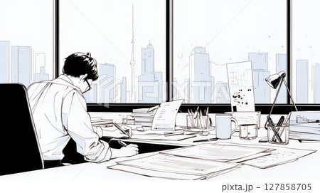PCを使って企画を練っている男性（シンプルな色使い）