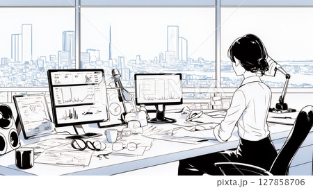 PCを使って企画を練っている女性（シンプルな色使い）