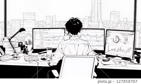 マーケティング・トレーディングデータなどの計量分析を行っている男性（シンプルな色使い）
