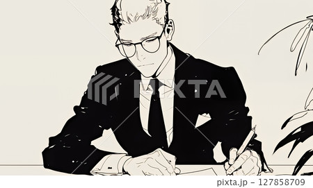契約書にサインをしているビジネスパーソン（シンプルな色使い）
