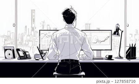 マーケティング・トレーディングデータなどの計量分析を行っている男性（シンプルな色使い）