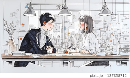OJT：　上司から仕事の手順の説明を受けている女性社員（シンプルな色使い）