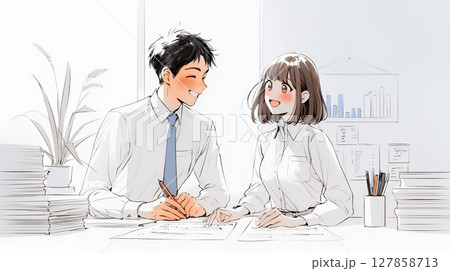 OJT：　上司から仕事の手順の説明を受けている女性社員（シンプルな色使い）