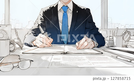契約書にサインをしているビジネスパーソン（シンプルな色使い）