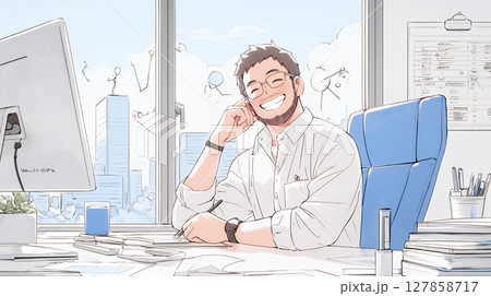 自席で訪問者と笑顔で会話をしているビジネスパーソン（シンプルな色使い）