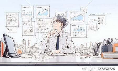 マーケティング・トレーディングデータなどの計量分析を行っている男性（シンプルな色使い）