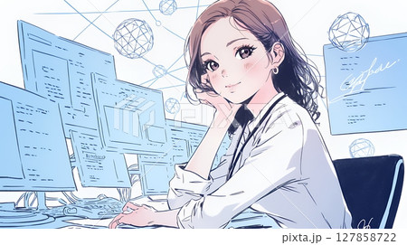 マーケティング・トレーディングデータなどの計量分析を行っている女性（シンプルな色使い）