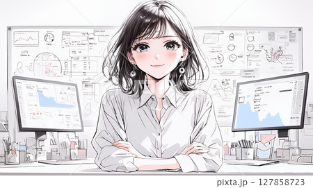 マーケティング・トレーディングデータなどの計量分析を行っている女性（シンプルな色使い）